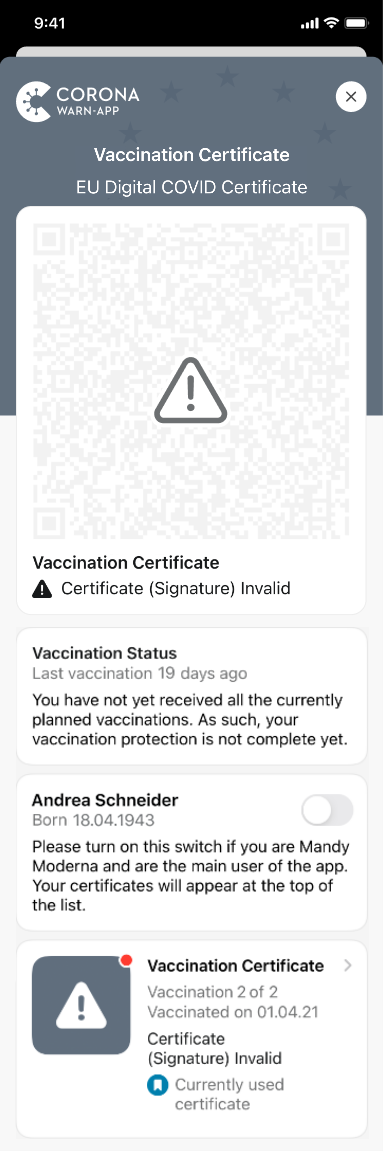 Certificate tab in the Corona-Warn-App