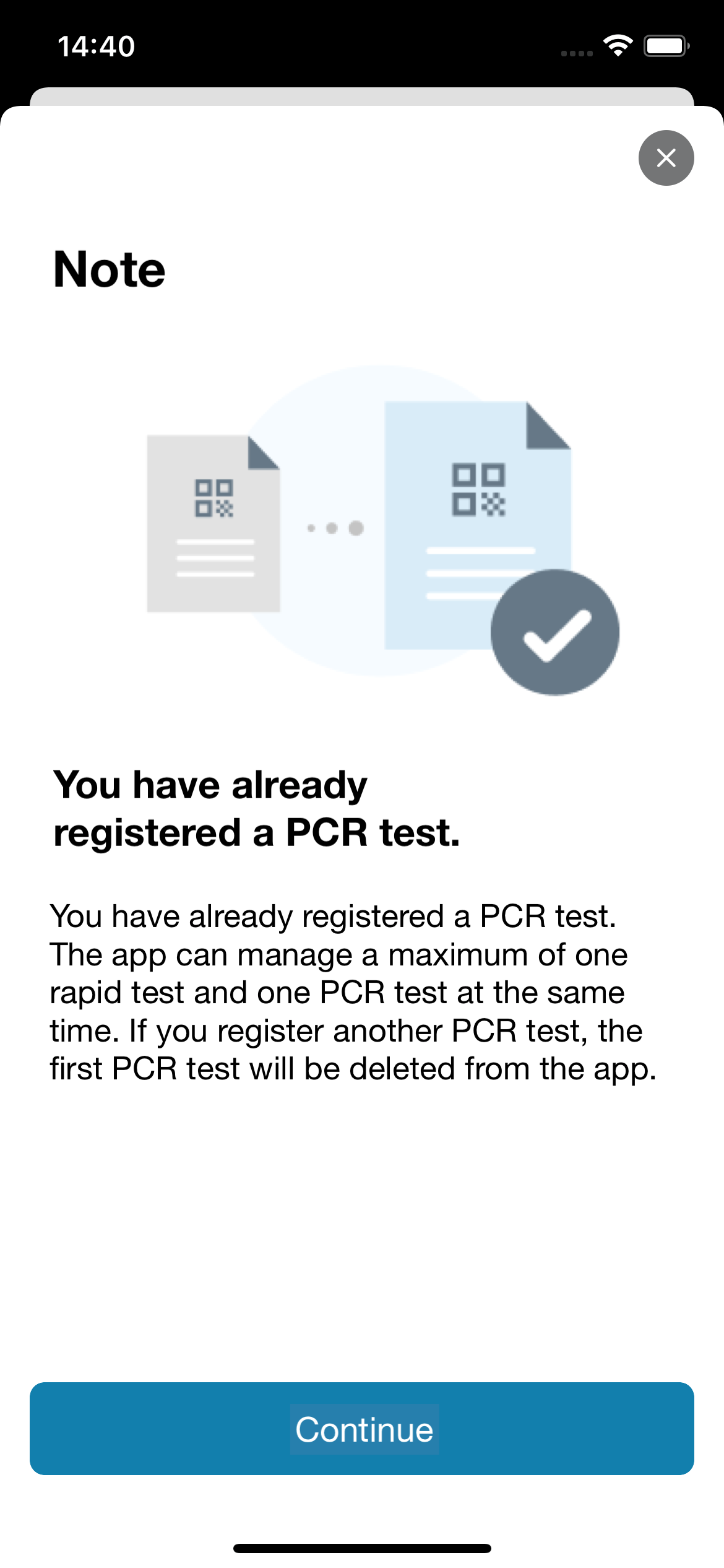 The app can manage a maximum of one rapid test and one PCR test at the same time. If you register another PCR test, the first PCR test will be deleted from the app.