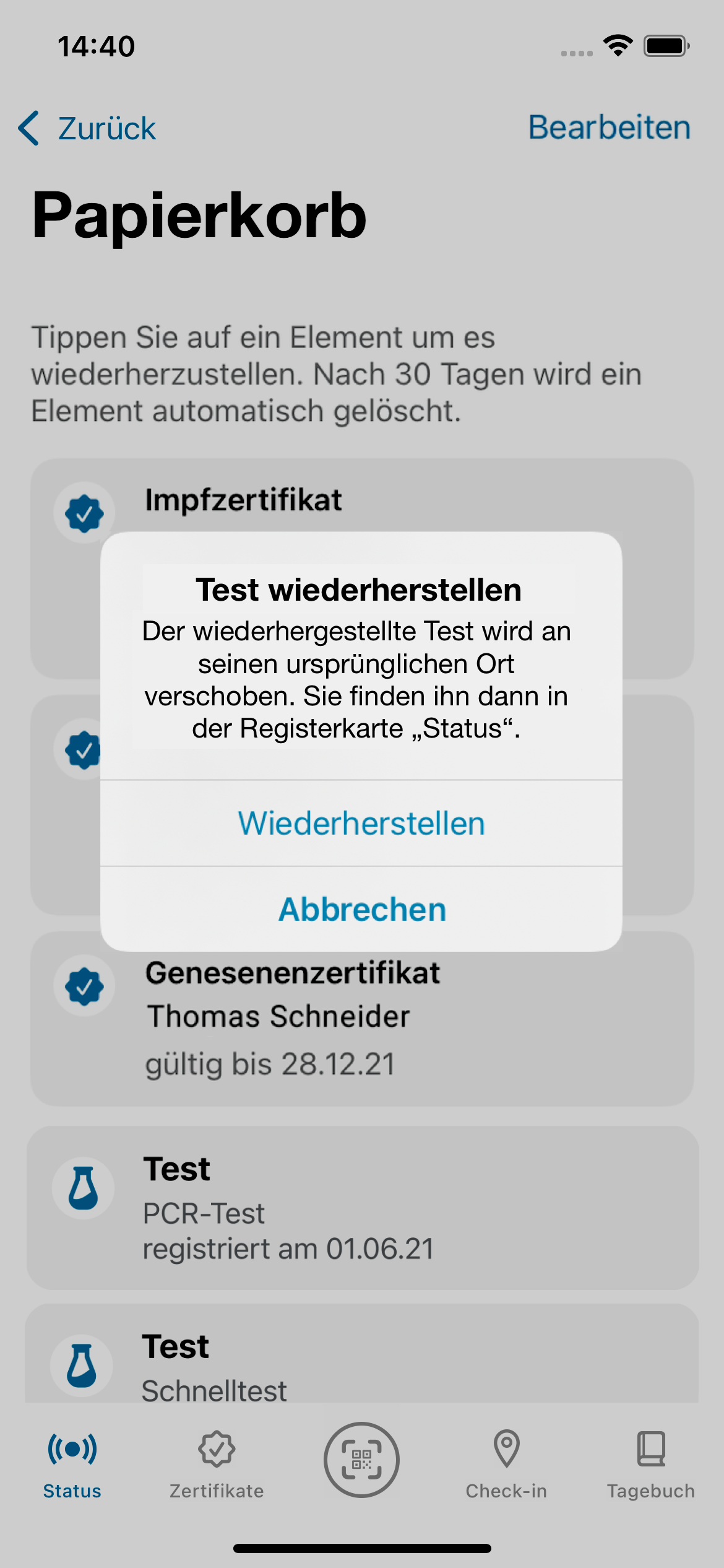 iOS-Nutzer\*innen können ihn dann wiederherstellen, indem sie den entsprechenden Test im Papierkorb auswählen und auf „Wiederherstellen“ tippen