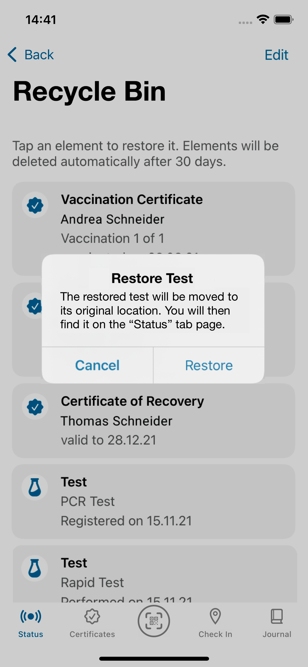 iOS-Nutzer\*innen können ihn dann wiederherstellen, indem sie den entsprechenden Test im Papierkorb auswählen und auf „Wiederherstellen“ tippen