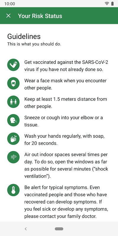Guidelines in case of low risk (green tile) before